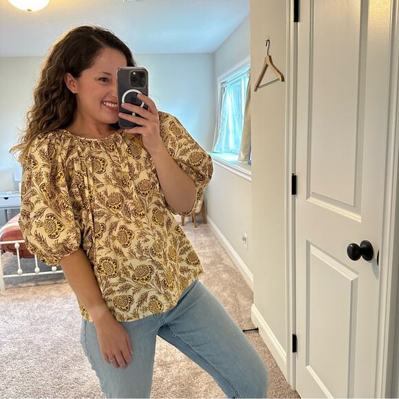 RHODE Cream Yellow Floral Puff Sleeve Blouse Medium - Picture 3 of 11